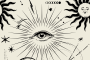 Spiritual eye isoteric seamless pattern. Mystic astrology design, horoscope. MOon sun earth alchmy elements