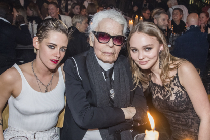 Actress Kristen Stewart, Karl Lagerfeld and  Lily Rose Depp at DinnerChanel Metier d'Art Collection fashion show, Elbphilharmonie, Hamburg, Germany on december 6, 2017.