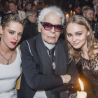 Actress Kristen Stewart, Karl Lagerfeld and  Lily Rose Depp at DinnerChanel Metier d'Art Collection fashion show, Elbphilharmonie, Hamburg, Germany on december 6, 2017.