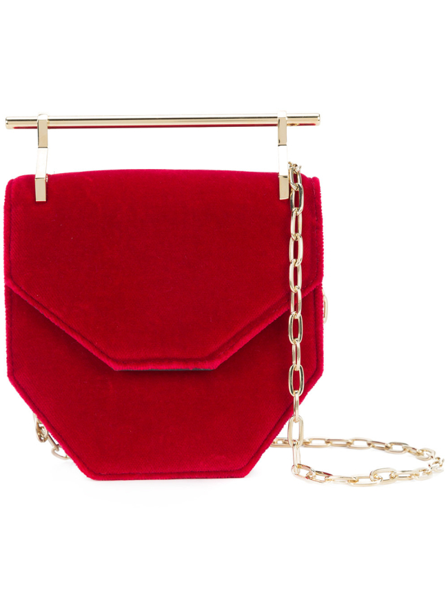 Bolso de terciopelo y cuero rojo con asa y cadena dorada, de M2Malletier.