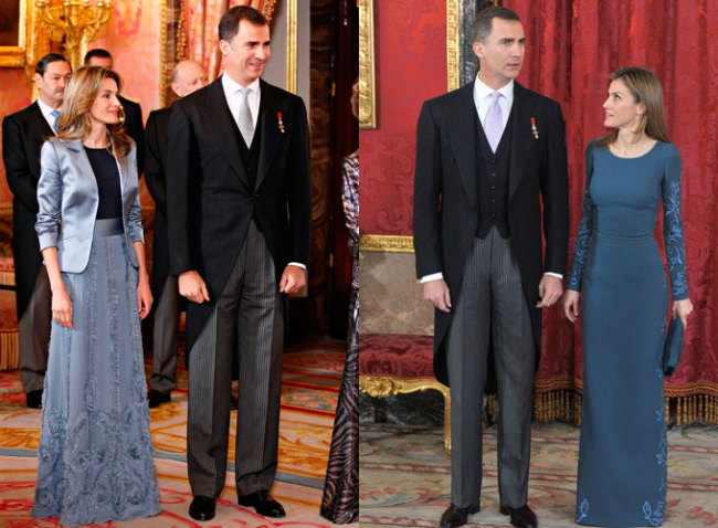 La reina Letizia en la recepción al Cuerpo Diplomático de 2010 (izquierda) y de 2014 (derecha)/ Gtres.